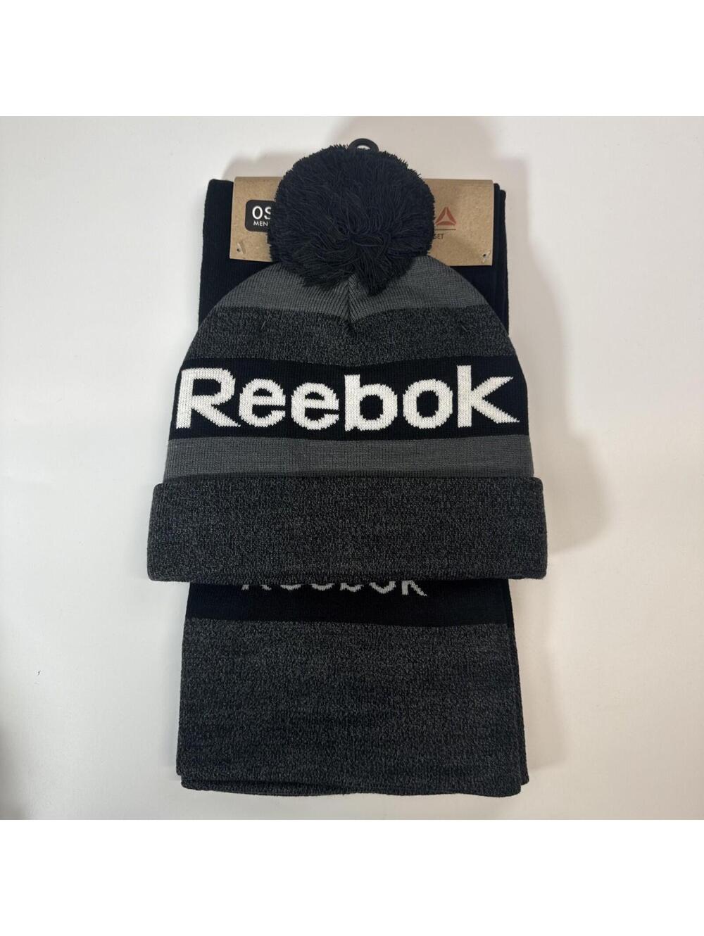 Reebok Beanie and Scarf Set Black Gray Knit Pom Hat Matching Scarf 2-Piece New